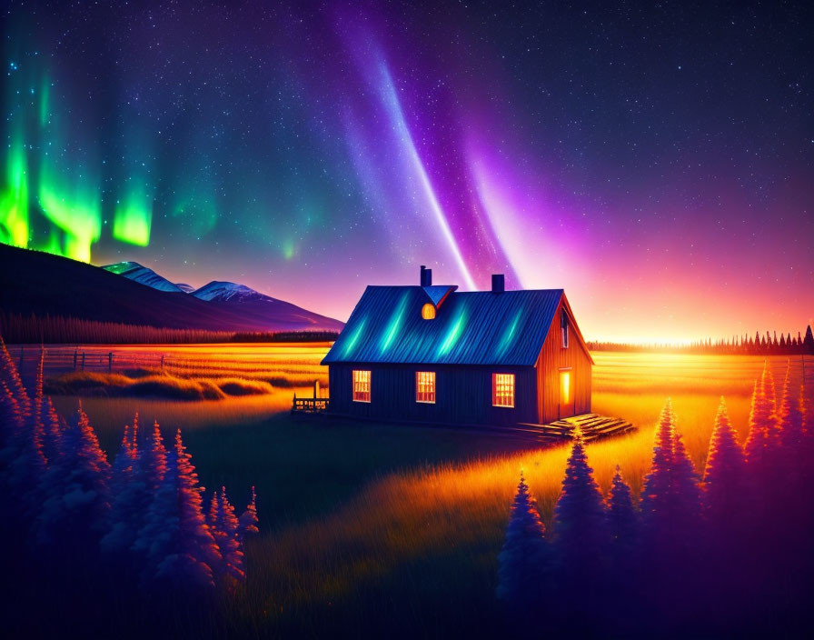 Cozy house under vibrant aurora borealis in starry night scene