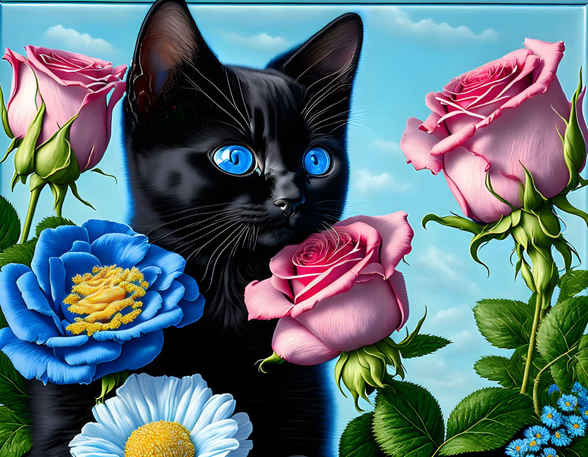 Black Cat with Striking Blue Eyes Surrounded by Colorful Flowers