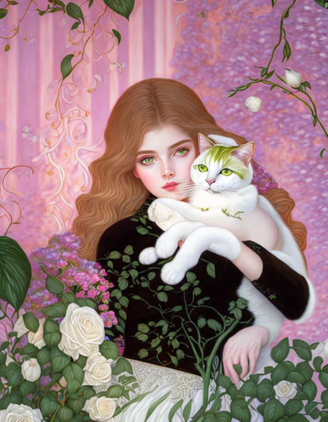 Girl with Wavy Hair Hugging Cat in Pink Setting