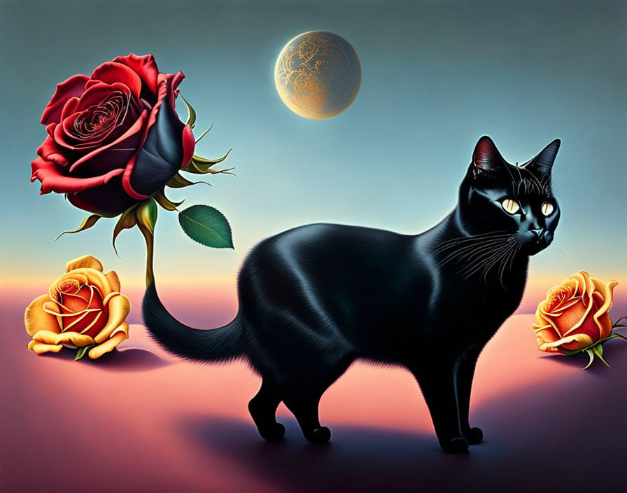 Black Cat with Red and Orange Roses under Crescent Moon at Twilight