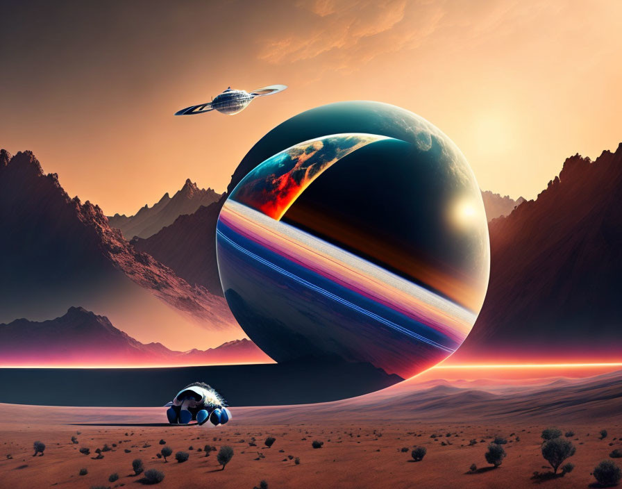 Futuristic science fiction landscape with desert, ringed planet, spaceship, and vehicle.