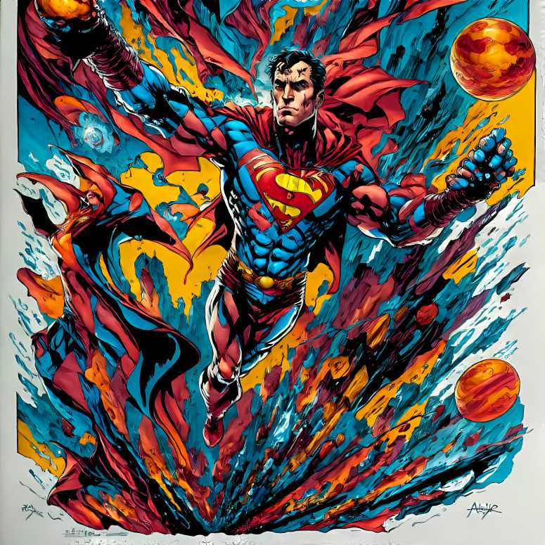 a painting of a superman flying through the air