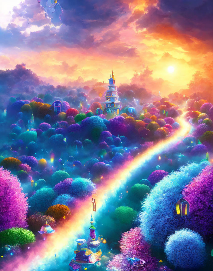 Colorful Fantasy Landscape with Treetops, Sunset Sky, and Whimsical Structures