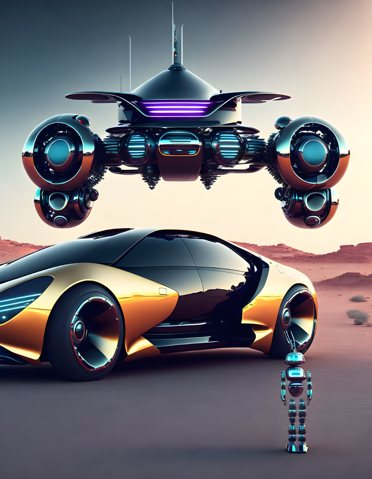 Futuristic car, hovering drone, and humanoid robot in sandy landscape