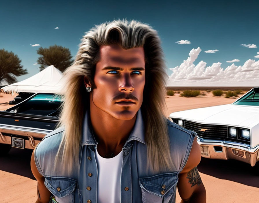 Stylized man with blond hair and blue eyes in desert with vintage cars