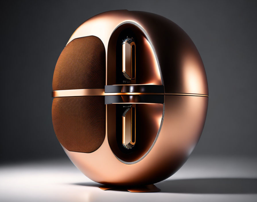 Copper-finished spherical speaker with dark accents and open central section