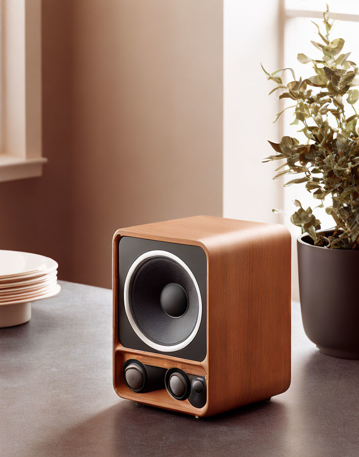 Vintage-style wooden speaker with black driver and control knobs on table next to potted plant and dishes.