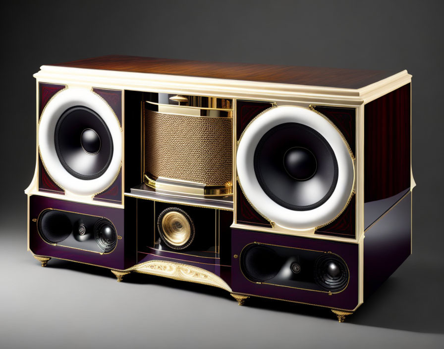 Vintage-Style Speaker System with Wooden Top, Gold Accents, and Purple Detailing