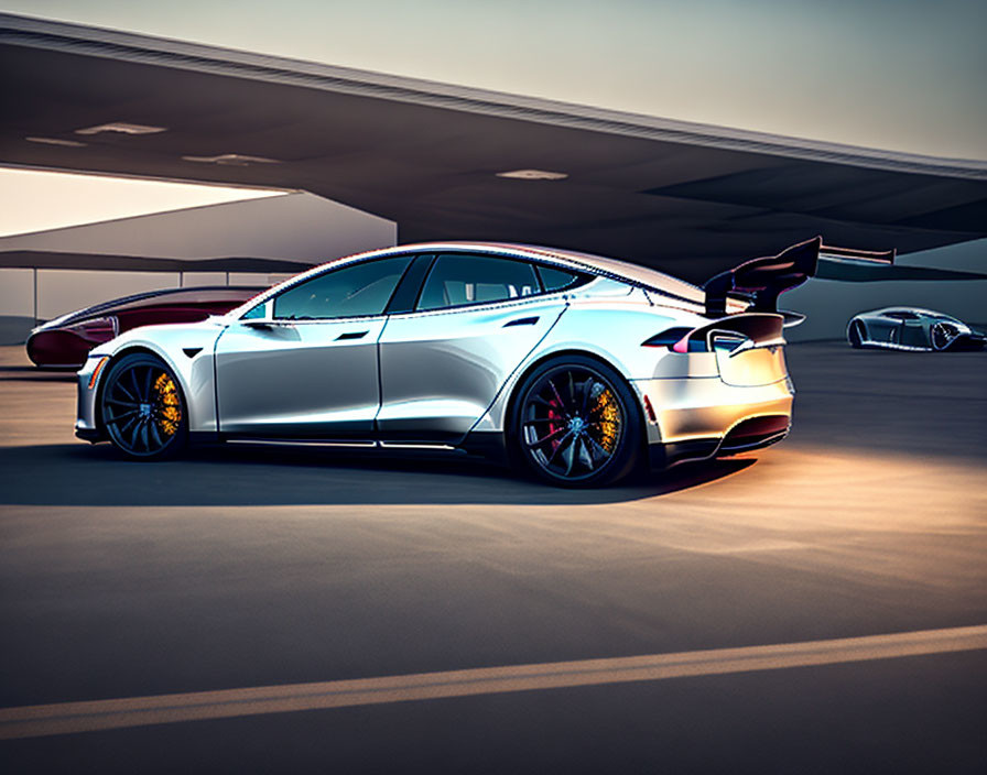 White Electric Sports Car with Black Rear Spoiler Indoors and Second Car in Background