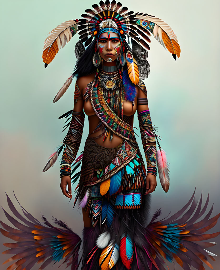 Digital Artwork Featuring Person in Elaborate Feather Headdress