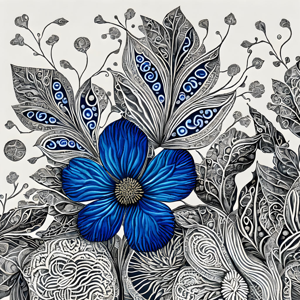 Detailed Blue Flower Among Black and White Botanical Patterns