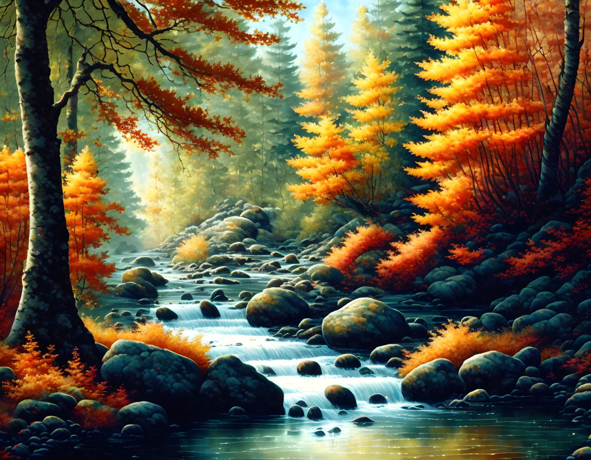 Tranquil autumn landscape with stream, orange trees, and rocks