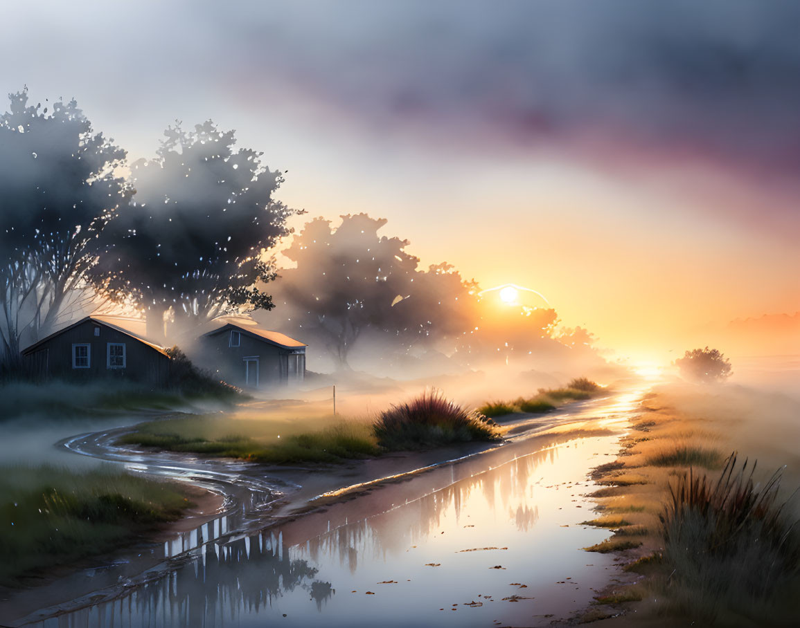 Serene country road at misty sunrise with reflections, small houses, and lush trees