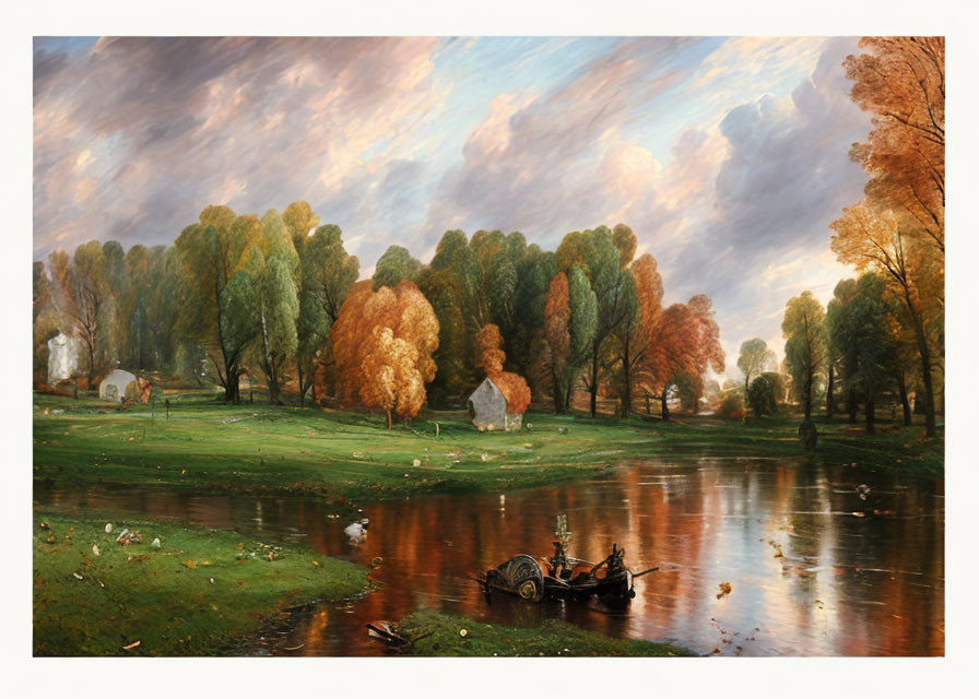 Serene river with autumn trees, horse-drawn cart, cloudy sunset sky