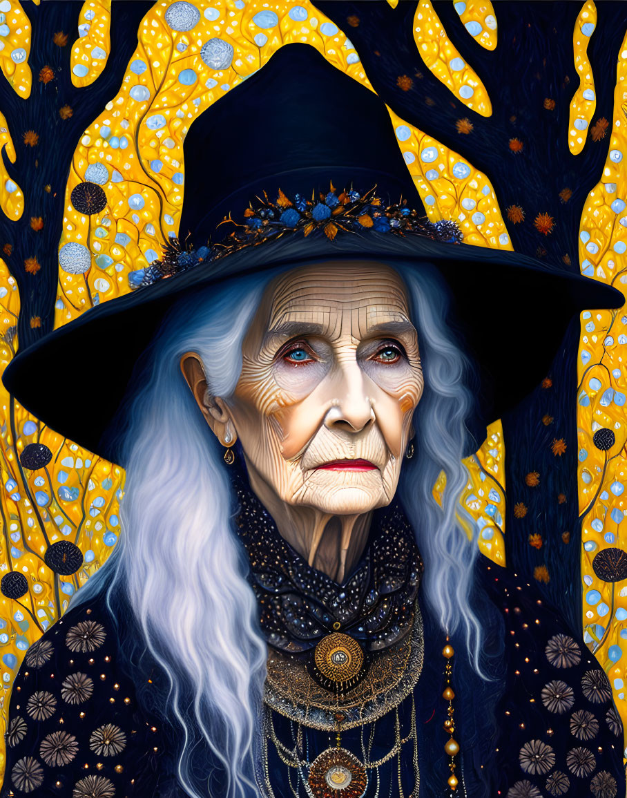 Elderly woman with blue eyes and silver hair in black hat and jewelry on golden-blue backdrop