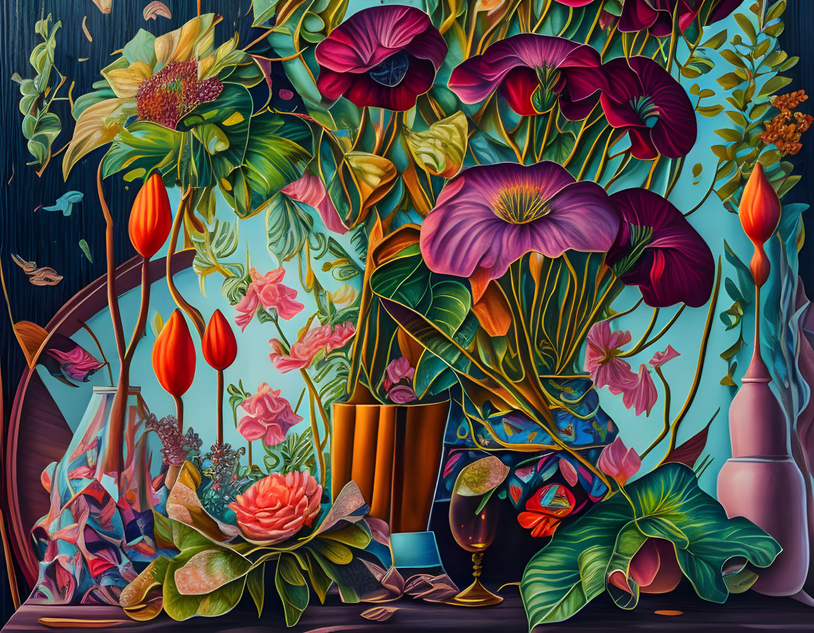 Colorful still life painting of exotic flowers, foliage, insects, and vases on dark backdrop