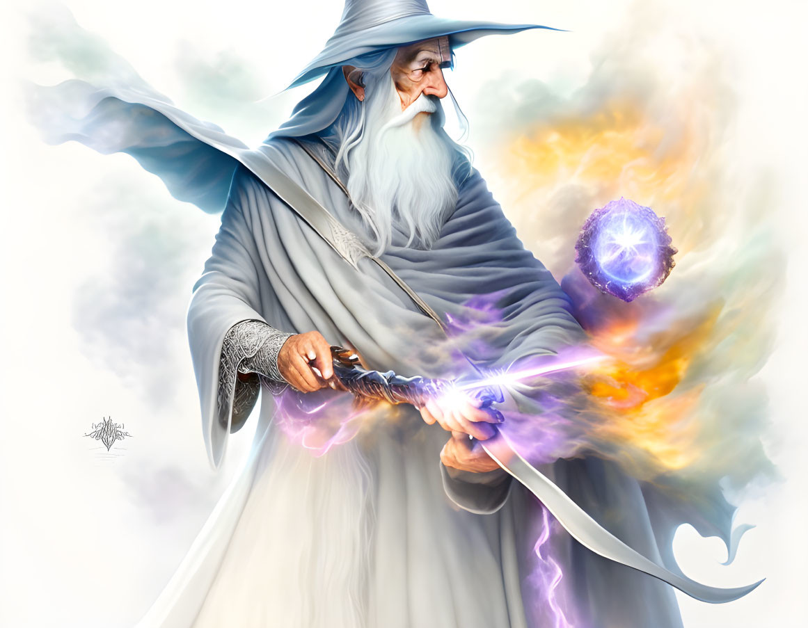 Wizard in Blue Robe Conjuring Fiery Orb with Glowing Staff