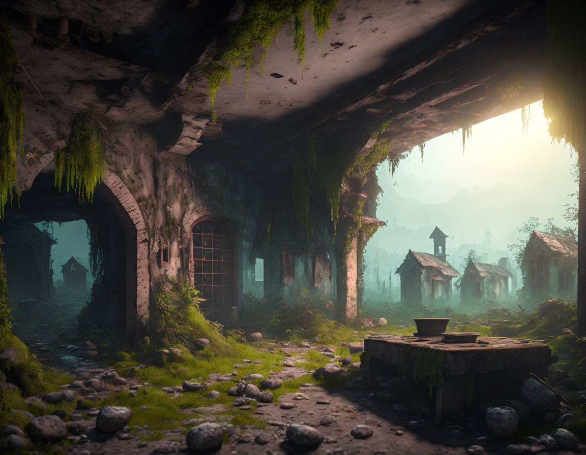 Abandoned village with moss-covered buildings under cavernous ceiling