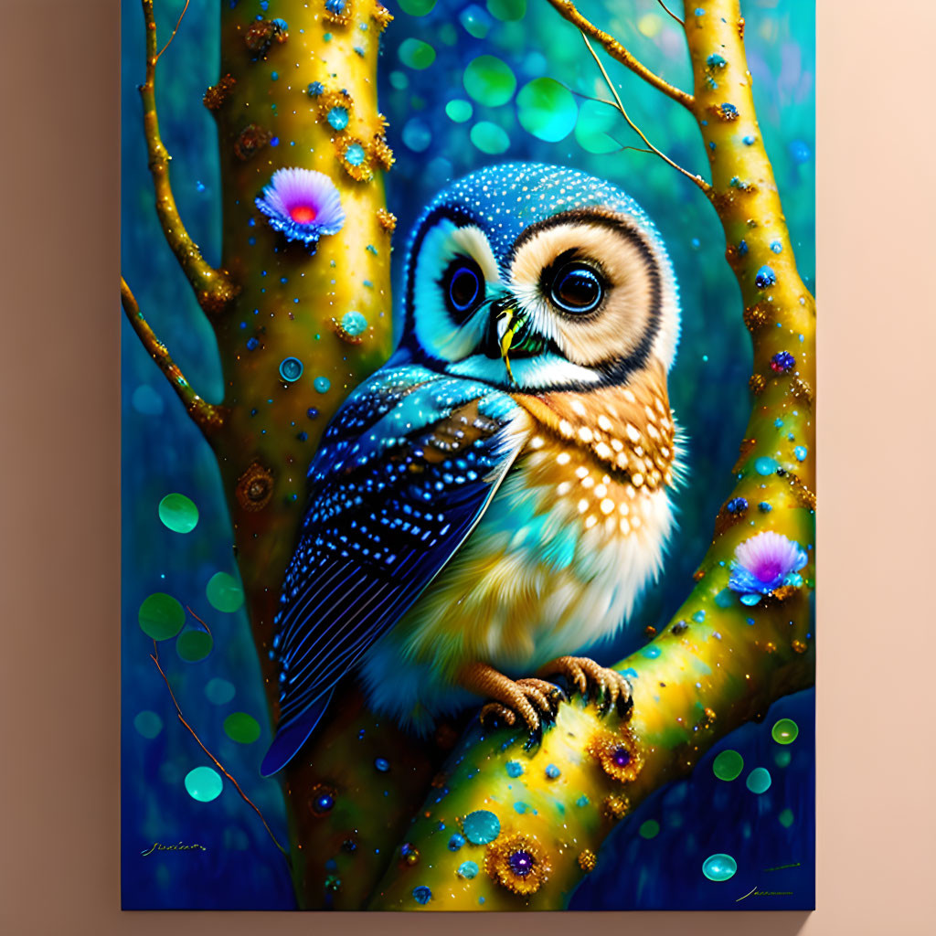 Colorful illustration of small owl on golden tree with flowers and orbs