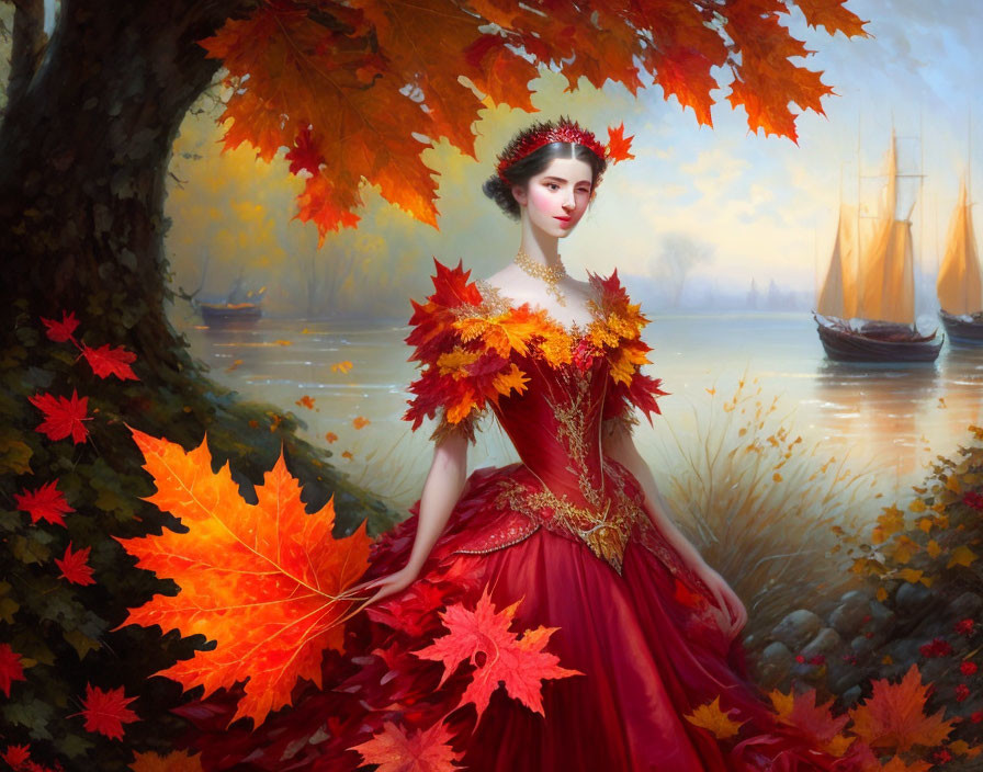 Woman in Red Autumn Dress by Lake with Sailboats and Fall Foliage