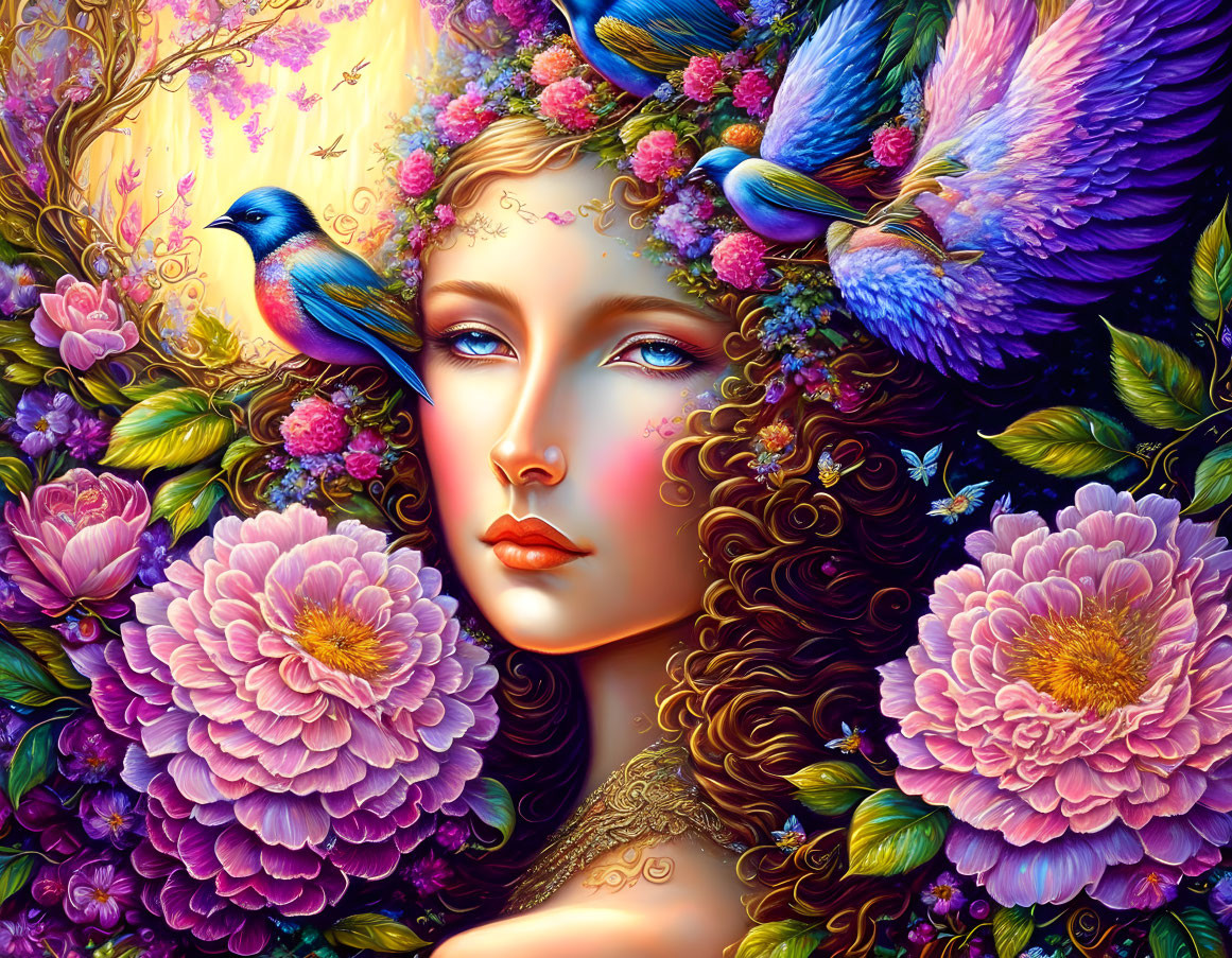 Vibrant surreal portrait of a woman with floral wreath and bird