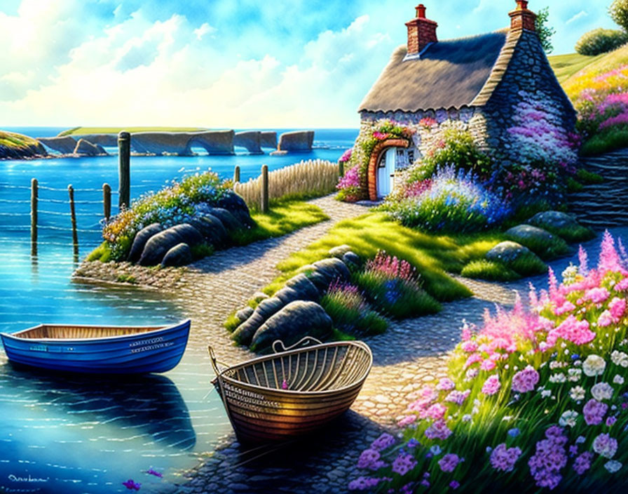 Coastal scene with thatched cottage, flowers, cobblestone path, boats, clear blue