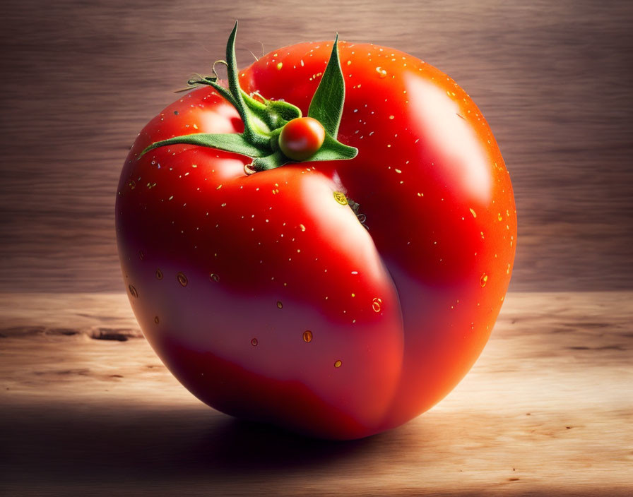 Fresh Red Tomato with Water Droplets on Wooden Surface