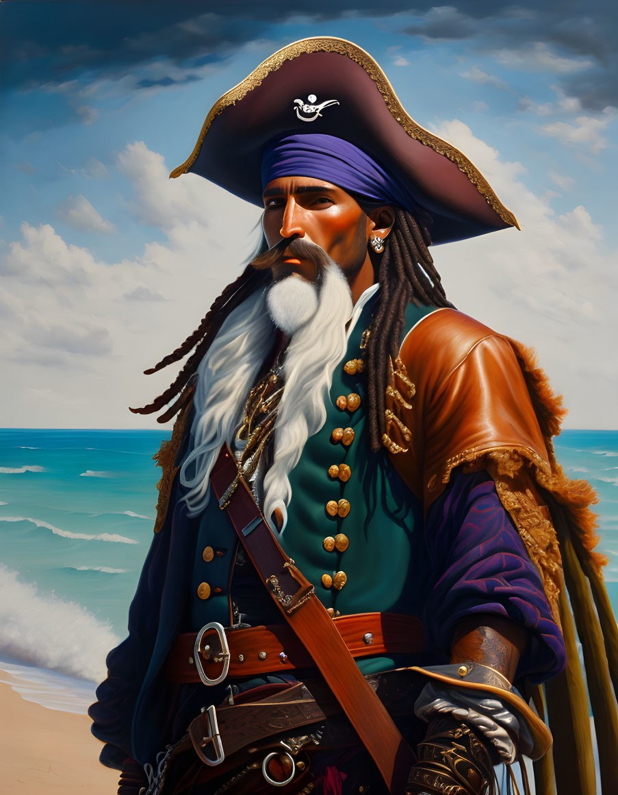 Detailed Illustration of Pirate with White Beard, Blue Bandana, Skull Hat, Purple Coat, Blue