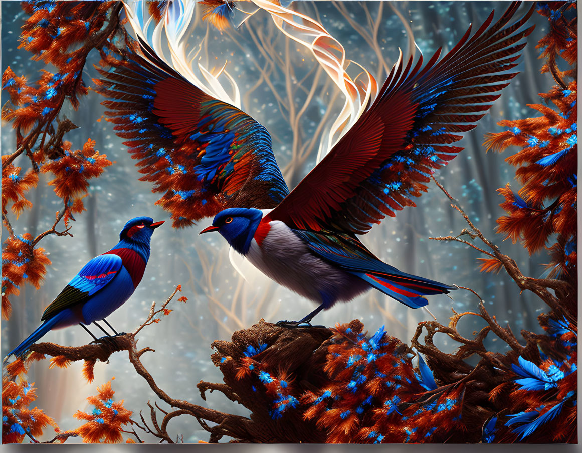 Vivid artwork: Fantastical birds in mystical forest