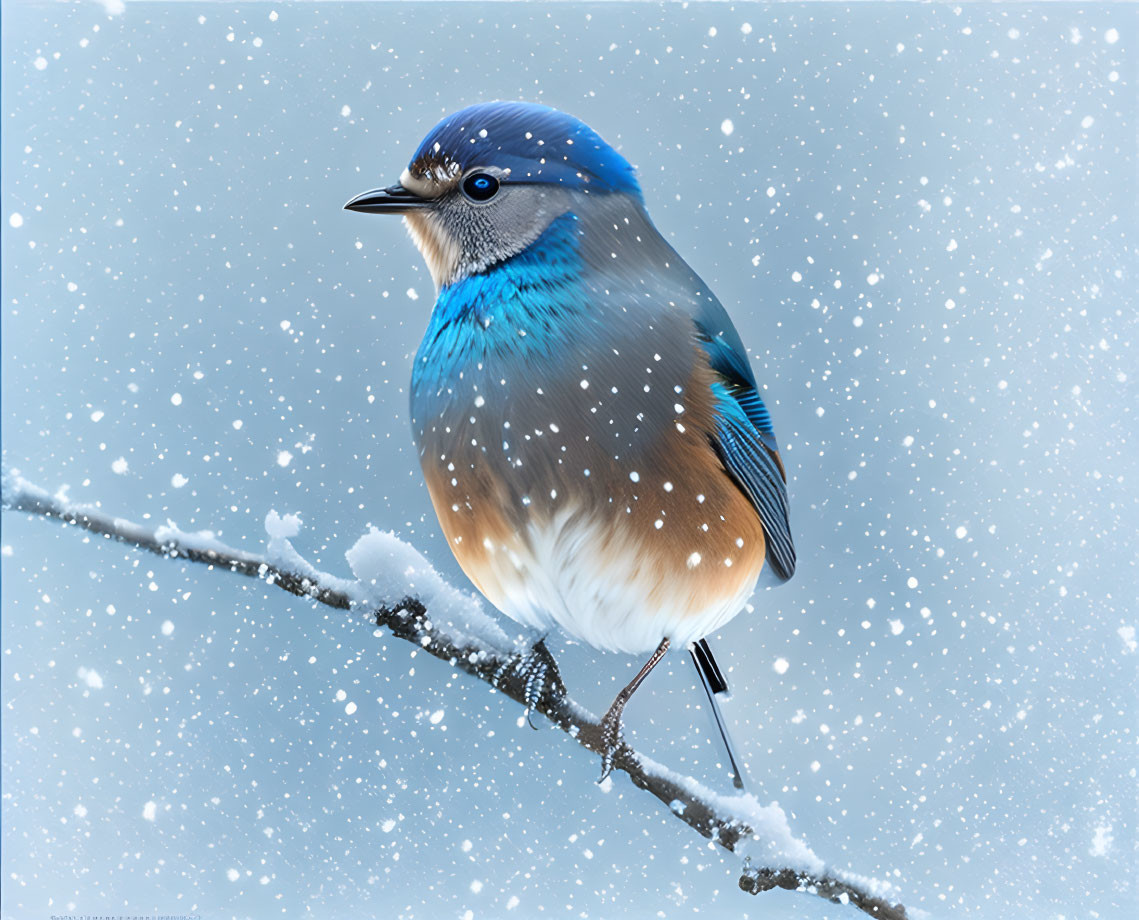 Colorful bird on snowy branch with falling snowflakes