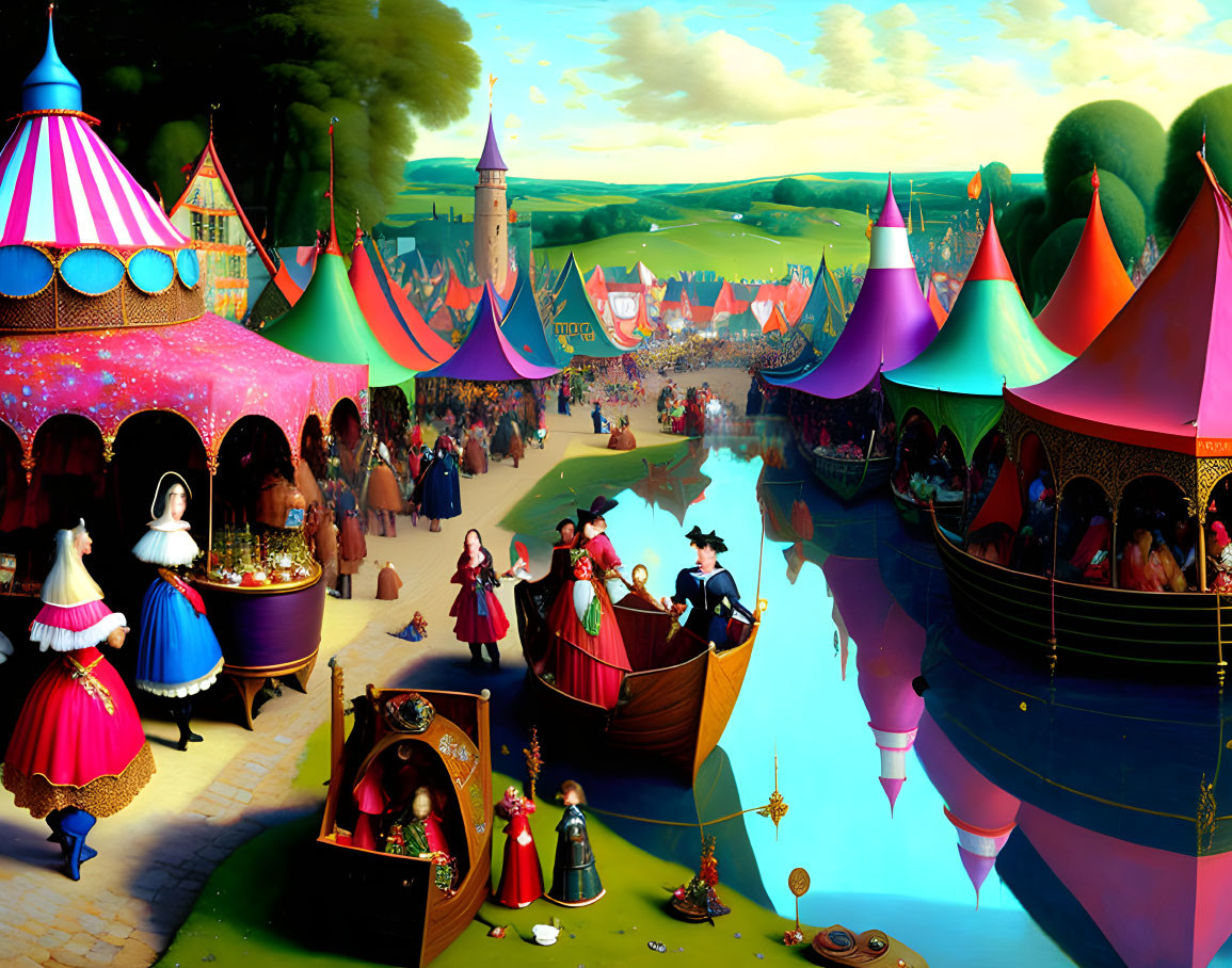 Vibrant medieval fair with tents, period costumes, and river boats in whimsical landscape