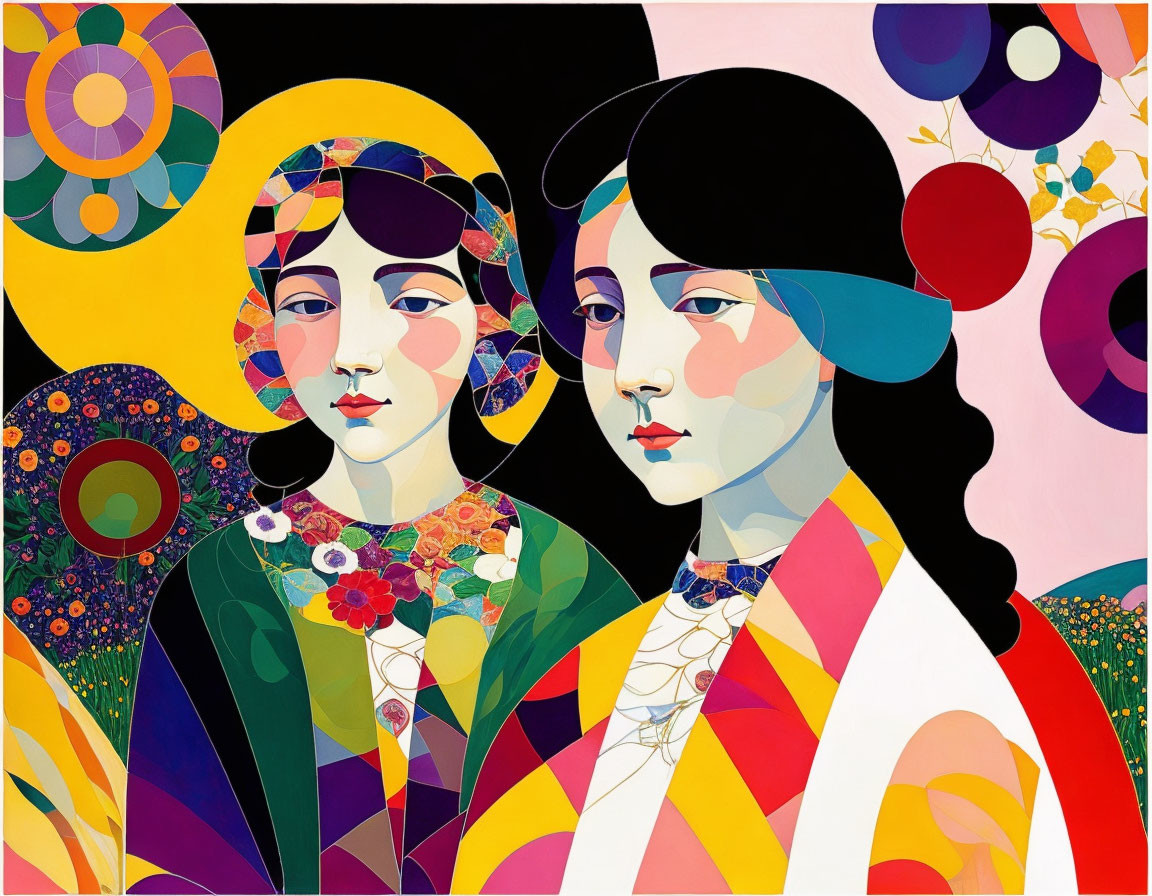 Stylized female figures with geometric patterns and floral motifs on colorful background