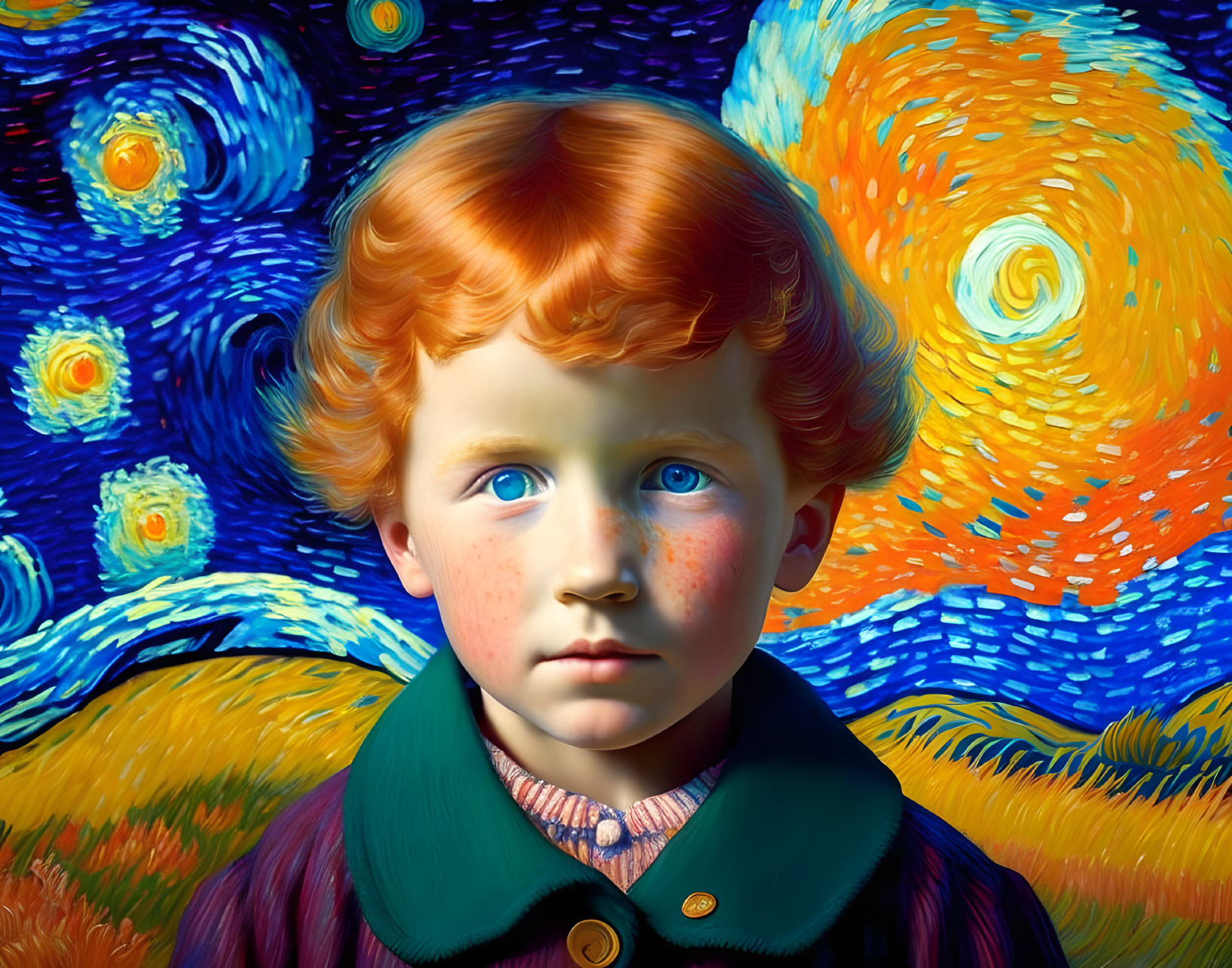 Red-haired child with freckles on Van Gogh-inspired vibrant background