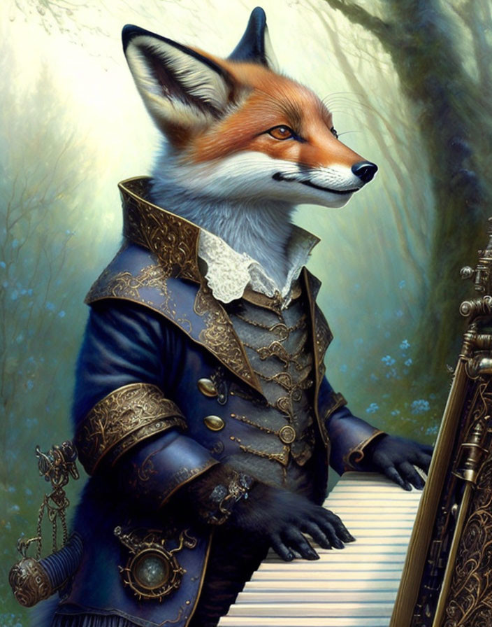 Anthropomorphic fox in period attire playing piano