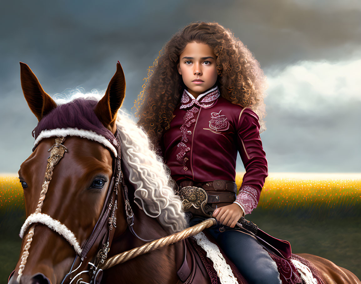 Young girl with curly hair on brown horse in burgundy outfit under cloudy sky