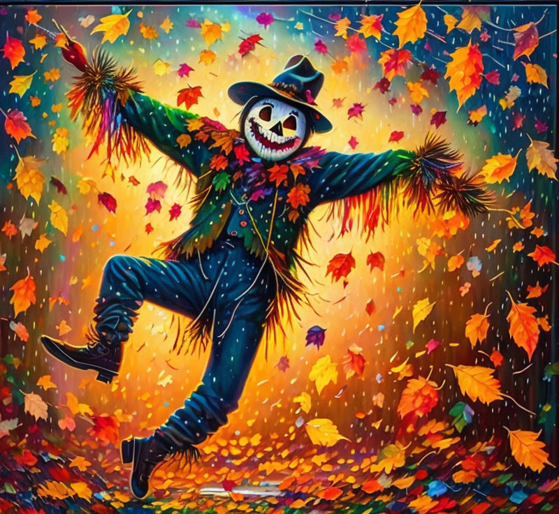 Colorful scarecrow painting dancing in autumn leaves