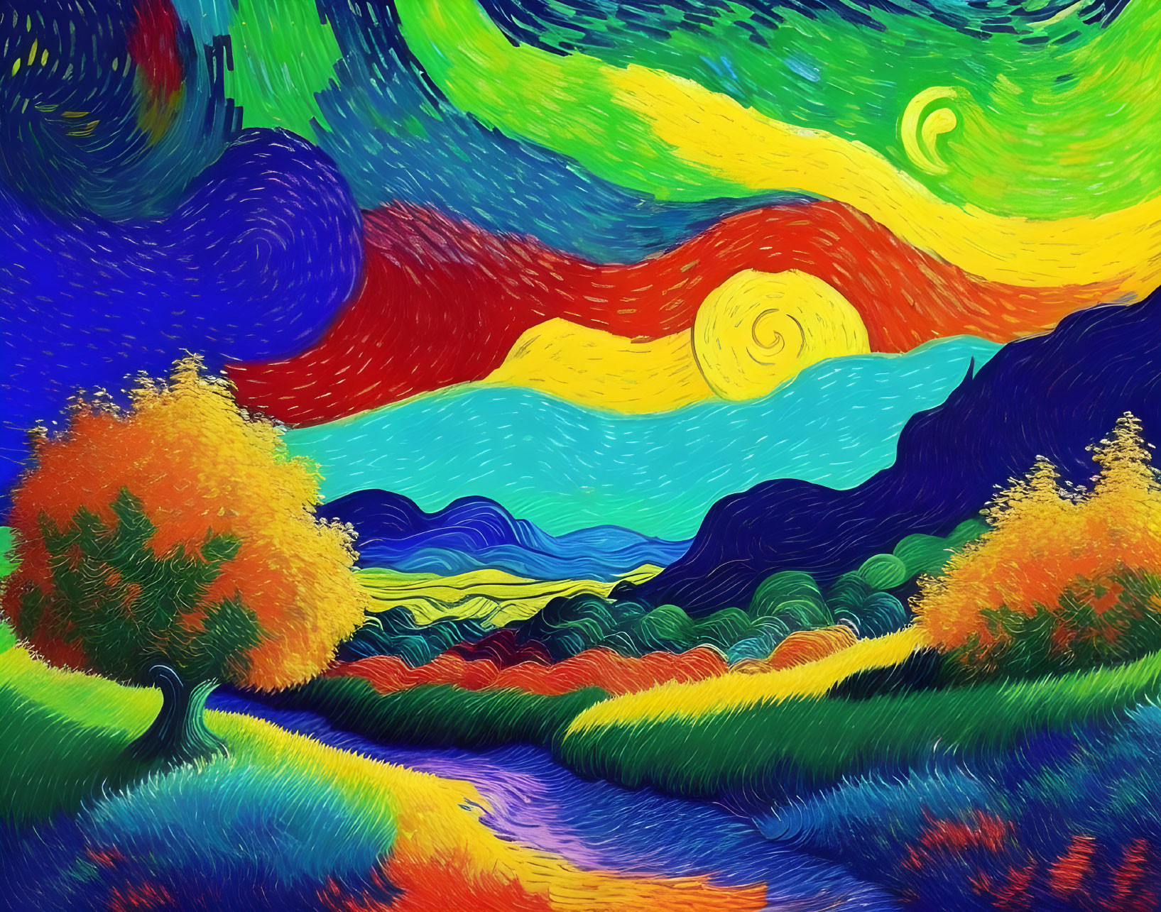 Colorful landscape painting with swirling skies and rolling hills