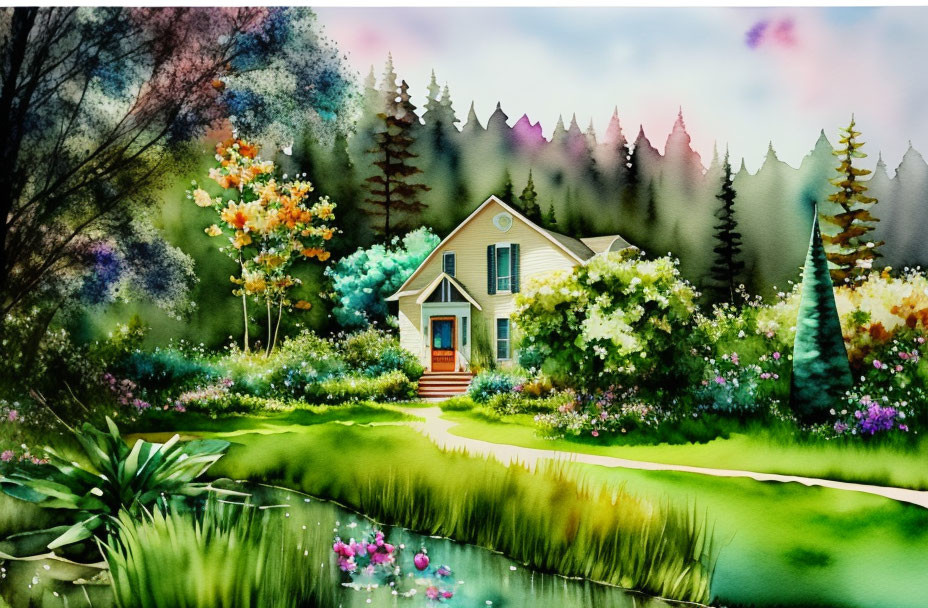 Colorful painting: Quaint house in lush greenery by tranquil stream