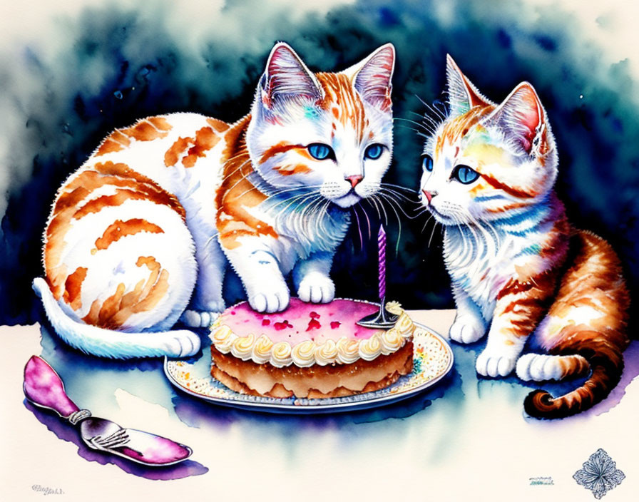 Orange and White Kittens Playing on Birthday Cake with Candle and Fork