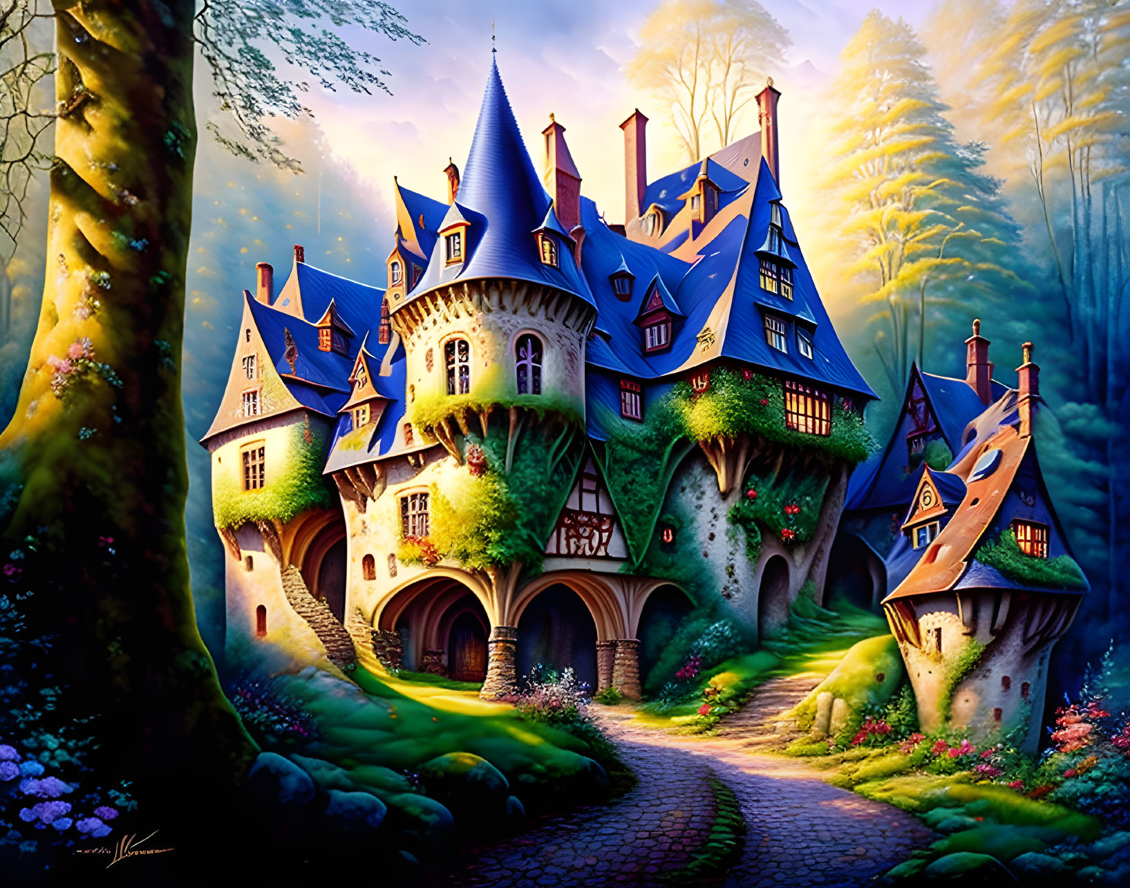 Fantasy artwork: Enchanting castle in magical forest