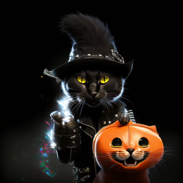 Stylized black cat in pirate costume with glowing jack-o'-lantern