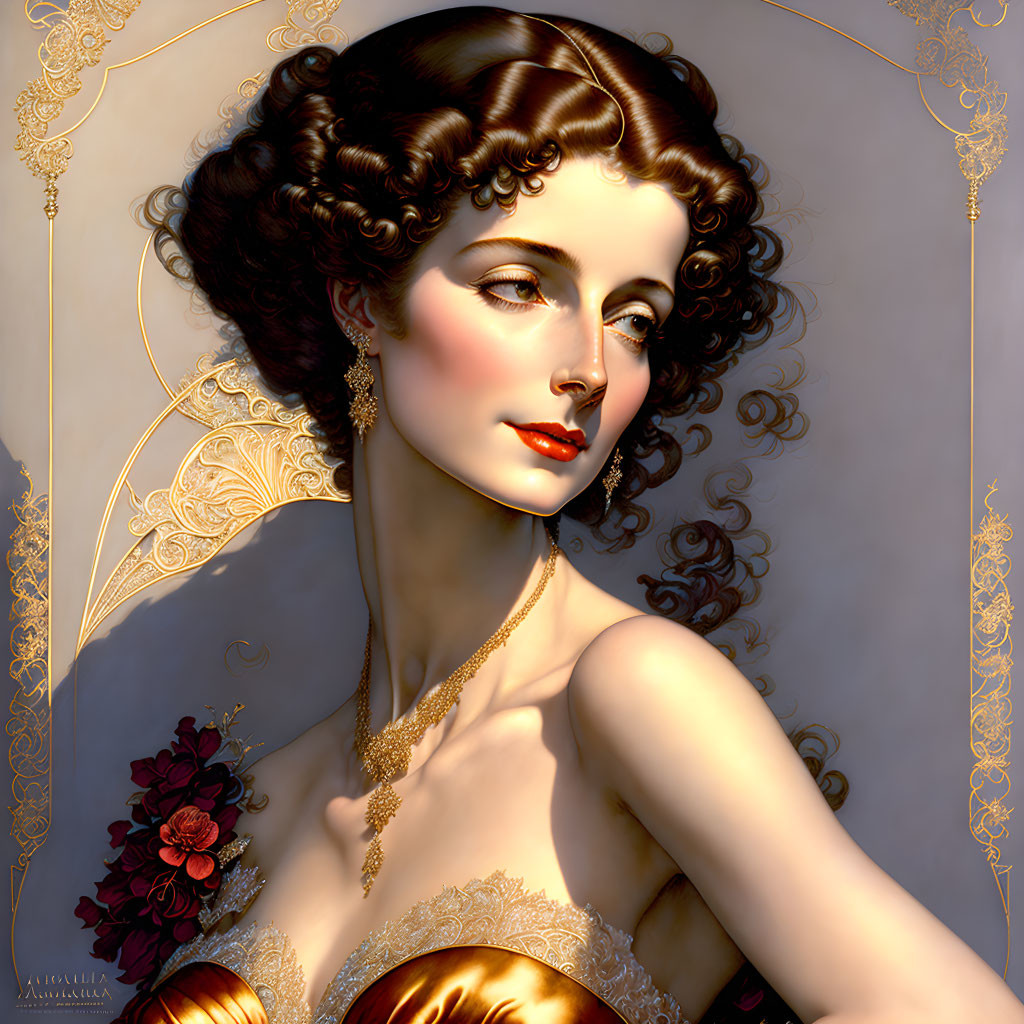 Illustrated portrait of woman with curly hair and elegant golden jewelry in Art Nouveau style frame