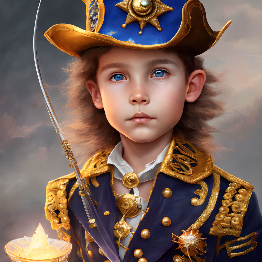 Child in Blue Naval Uniform with Rapier in Digital Illustration