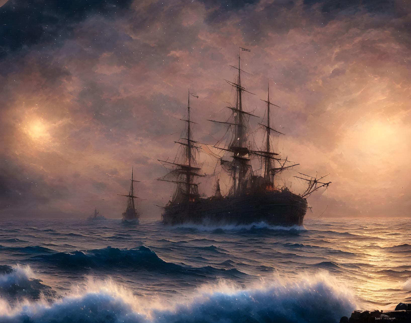 Sailing ship in turbulent ocean under dramatic sky