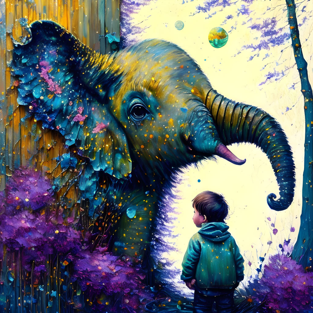 Boy in Green Hoodie Stands Before Colorful Elephant Mural