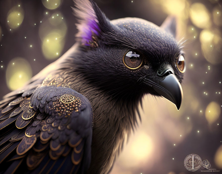 Fantasy bird illustration with golden patterned feathers and mystical aura.