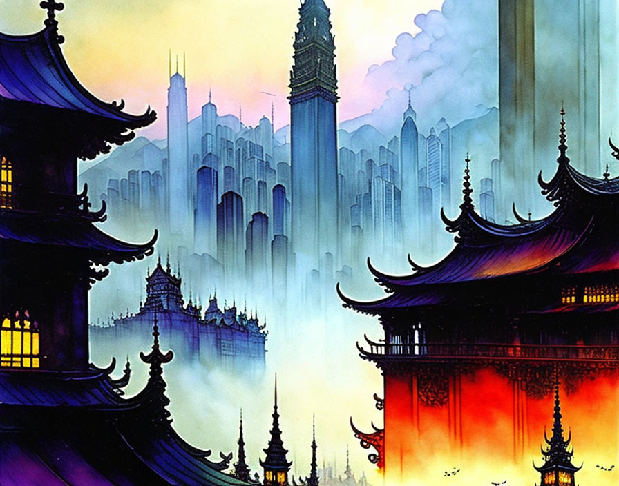 Stylized illustration: Asian pagoda rooftops in futuristic cityscape