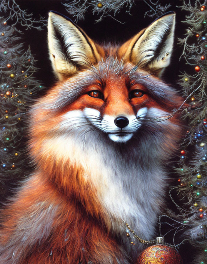 Realistic red fox head illustration with festive Christmas tree lights.