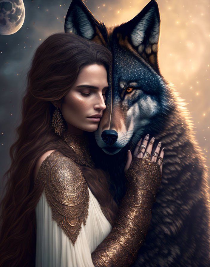 Woman with ornate gold tattoos embraces large wolf under moonlit sky