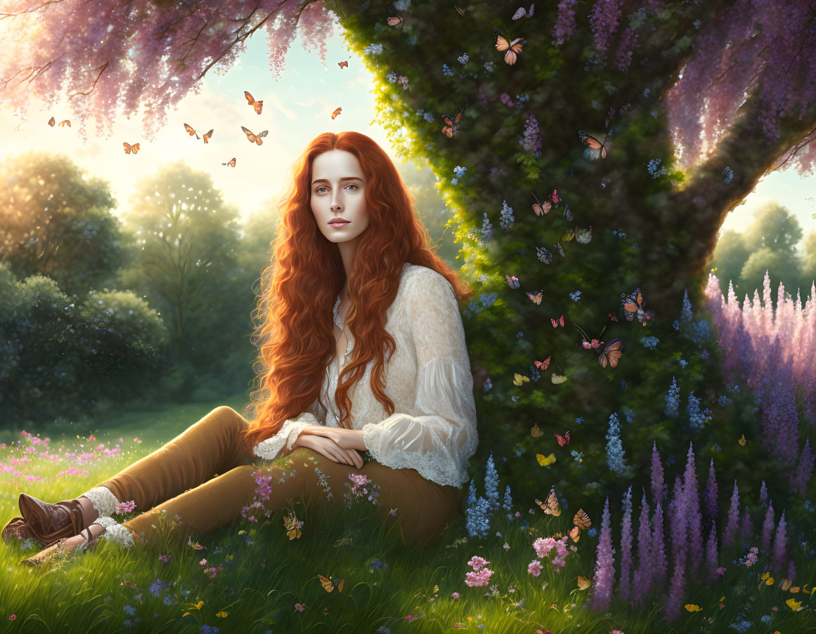 Woman with Long Red Hair Surrounded by Butterflies in Sunlit Meadow